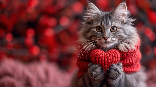 Un corazón de punto rojo en las patas de un gato una postal con un gato peludo gris y negro