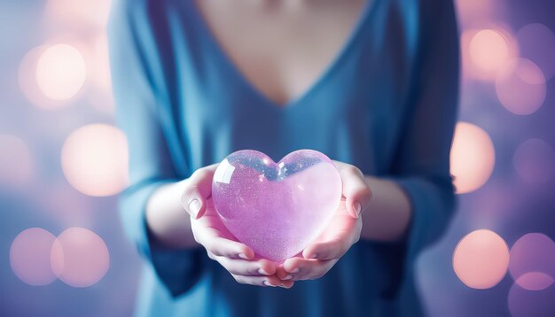 Corazón púrpura en las manos de una chica primer plano concepto del día mundial del cáncer