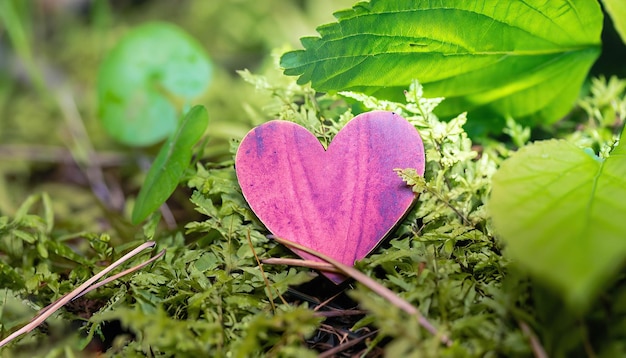 Un corazón púrpura se sienta en el suelo de un bosque cubierto de musgo.