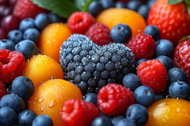 Foto el corazón está rodeado de una variedad de frutas, incluidos los arándanos, las frambuesas y las naranjas.