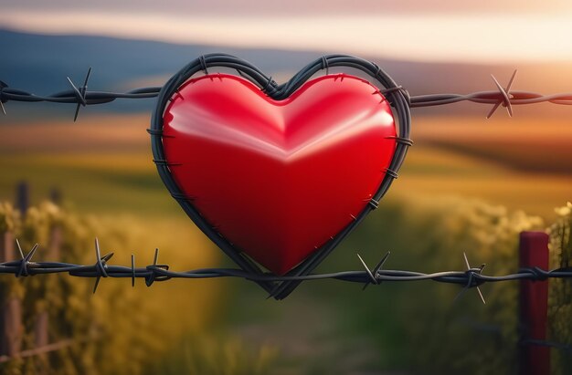 Foto corazón rojo en alambre de púas ia generativa