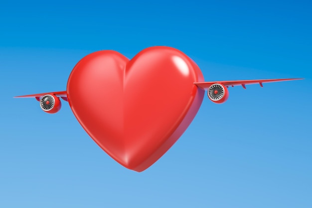 Corazón rojo con alas de avión renderizado en 3D