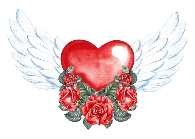 Un corazón rojo con alas blancas decoradas con rosas Ilustración acuarela dibujada a mano