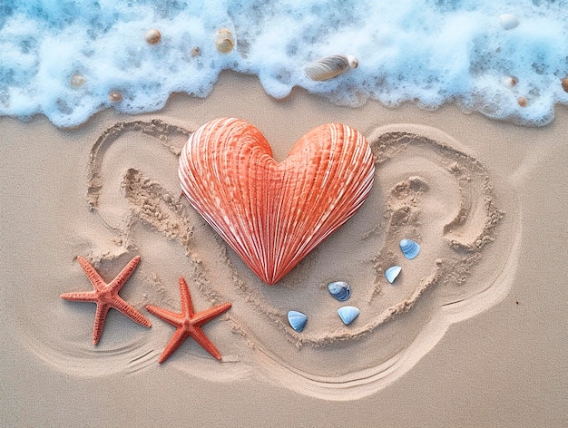 Corazón rojo en la arena con conchas y estrellas de mar Vista superior