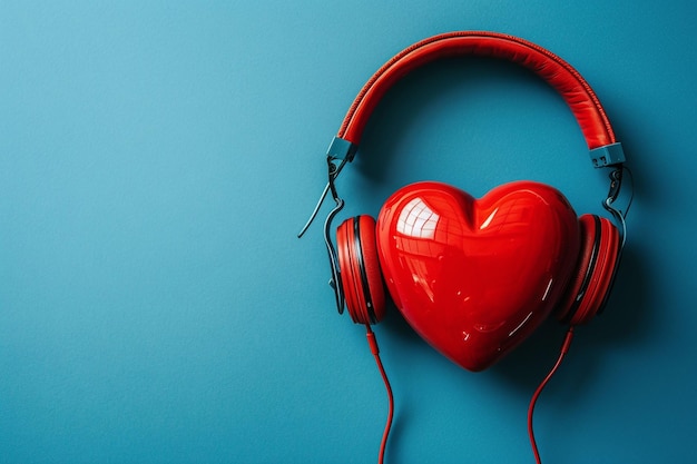 Foto corazón rojo con auriculares en fondo azul día de san valentín