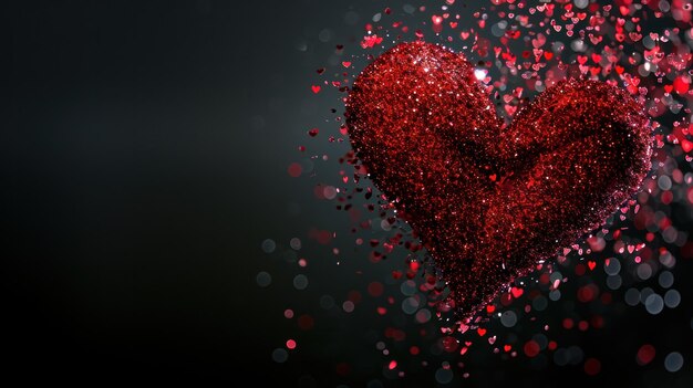 Un corazón rojo brillante se dispersa en una constelación de pequeños corazones contra un fondo oscuro y misterioso.
