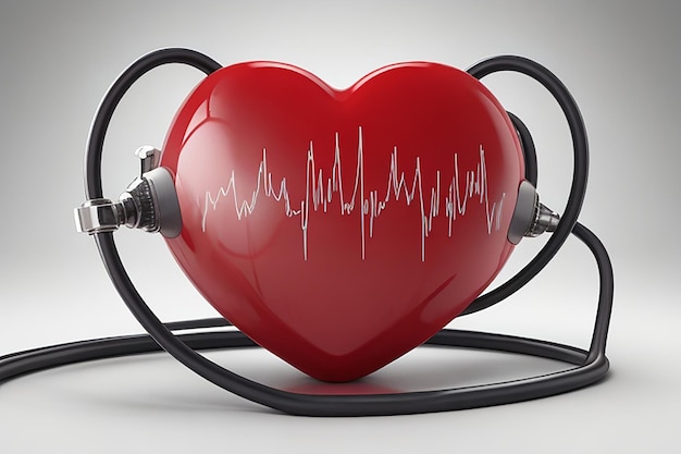 Corazón rojo brillante con pulso de latido blanco sobre fondo de moléculas azules y blancas para concepto médico