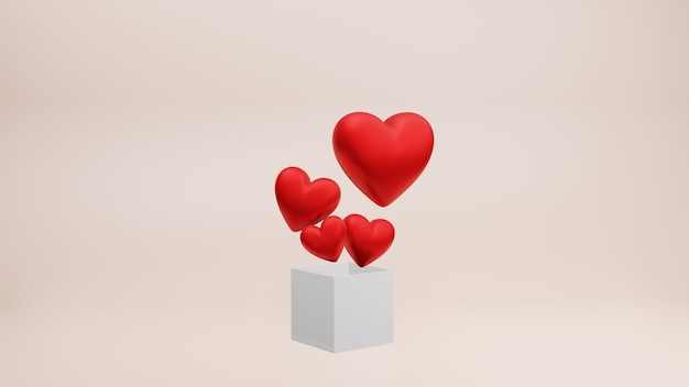 Corazón rojo con caja de regalo, render 3d