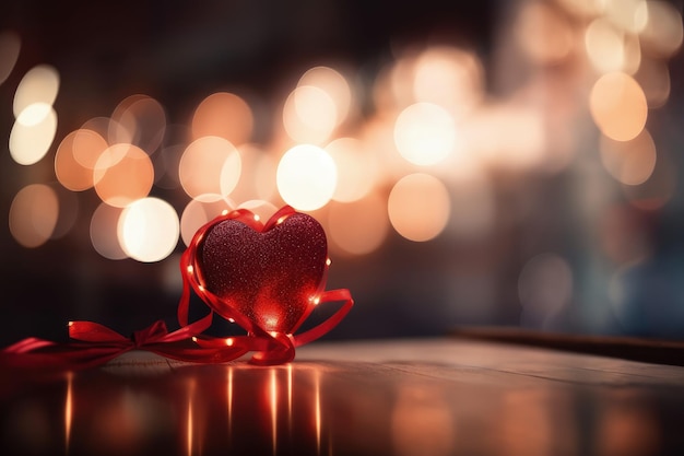 Un corazón rojo con una cinta roja en una mesa IA generativa