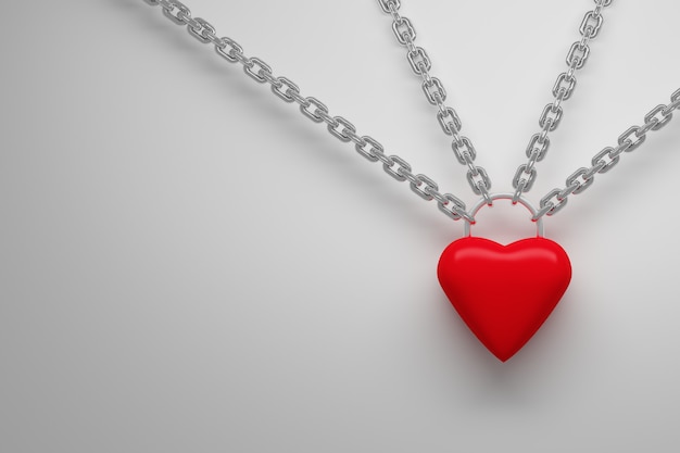 Corazón rojo colgando de cadenas de plata metálica Imagen con copia espacio en blanco ilustración 3d