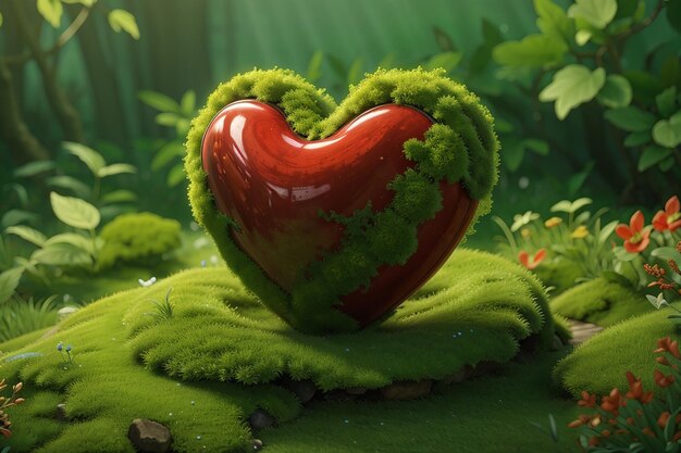 Corazón rojo en el concepto de cuidado de la naturaleza de musgo verde