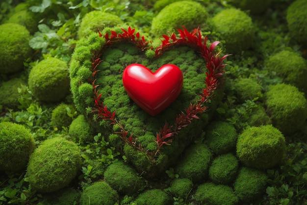 Corazón rojo en el concepto de cuidado de la naturaleza de musgo verde