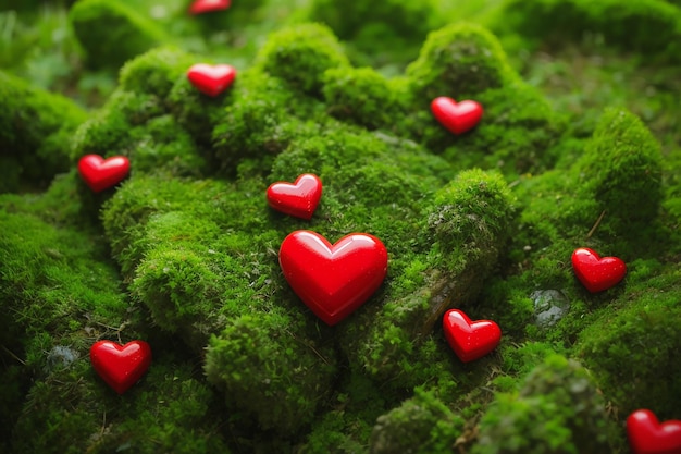 Corazón rojo en el concepto de cuidado de la naturaleza de musgo verde