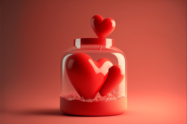 Un corazón rojo está en un frasco con un corazón pequeño.