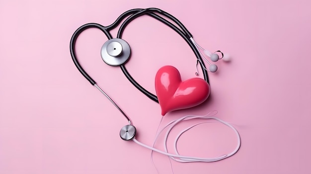 Un corazón rojo y un estetoscopio están sobre un fondo rosa.