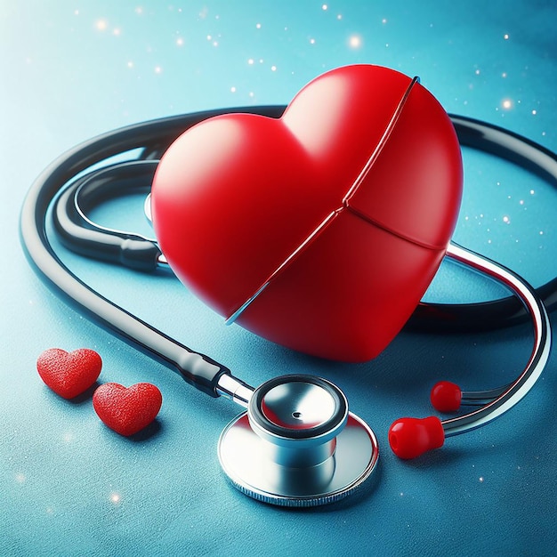 Foto corazón rojo con estetoscopio en fondo azul día mundial de la salud