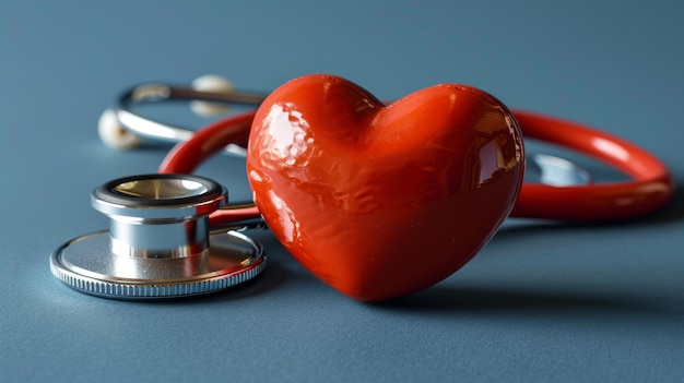 Corazón rojo con estetoscopio en fondo azul Día Mundial de la Salud