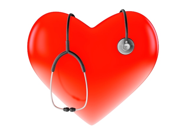 Corazón rojo y un estetoscopio sobre un fondo blanco.