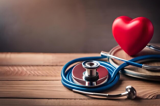 Un corazón rojo con un estetoscopio sobre una mesa de madera