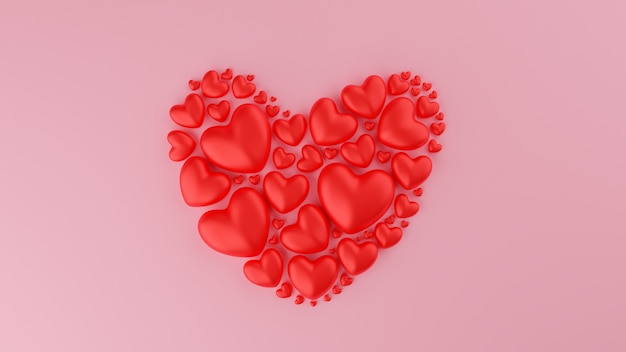 Corazón rojo con fondo rosa. Concepto de San Valentín. Ilustración de representación tridimensional.