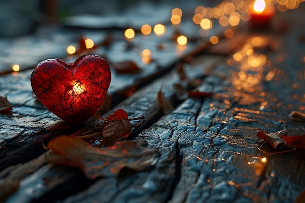 Foto corazón rojo en madera con luz en el fondo