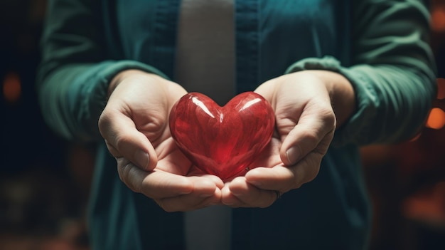 Corazón rojo en manos adultas en fondo rosa atención médica