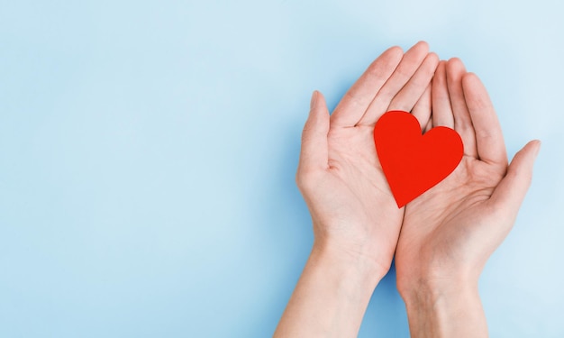 Corazón rojo en manos femeninas sobre un fondo azul claro