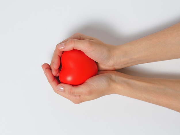 Corazón rojo en manos de mujeres aisladas sobre fondo blanco. Concepto de caridad, salud y amor.