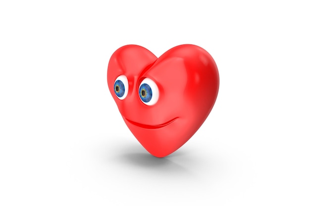 Un corazón rojo con ojos y una sonrisa en un fondo blanco.
