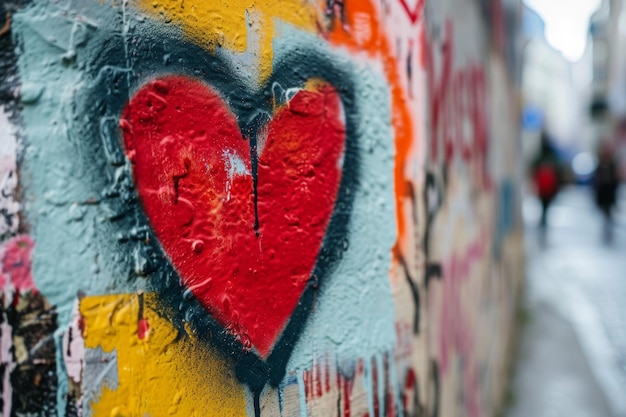 Un corazón rojo pintado en el lado de un edificio se destaca contra el fondo gris Graffiti de un corazón en una pared de la ciudad Generado por IA