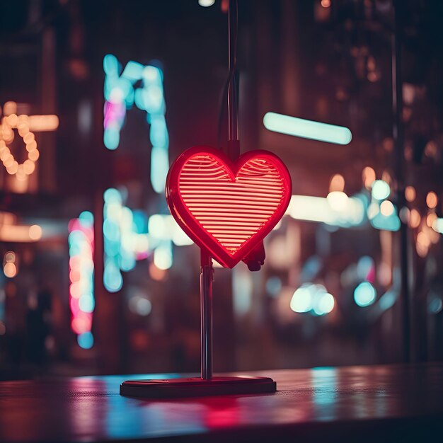 Corazón rojo en un puesto en la ciudad de la noche Día de San Valentín