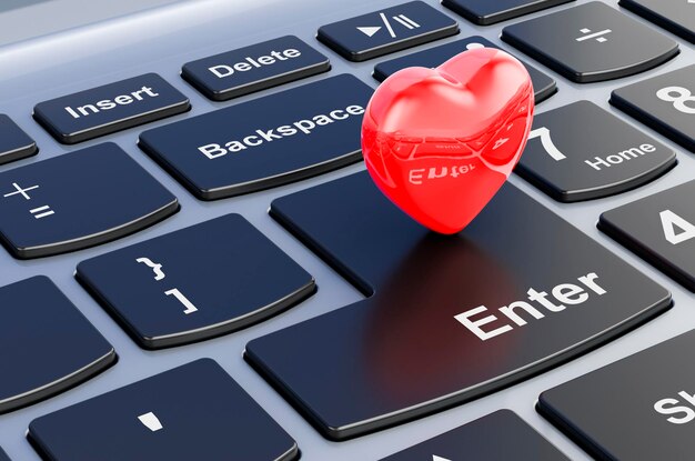 Corazón rojo en la representación 3D del teclado del portátil