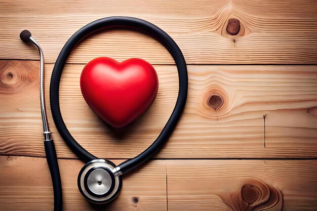 Un corazón rojo se sienta en una mesa de madera junto a un estetoscopio.