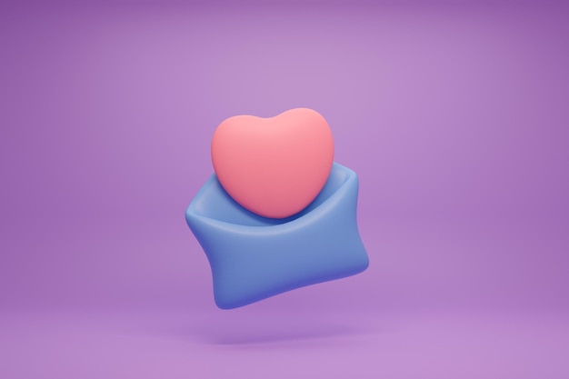 Corazón rojo en un sobre azul abierto sobre fondo púrpura Feliz día de San Valentín concepto 3d render