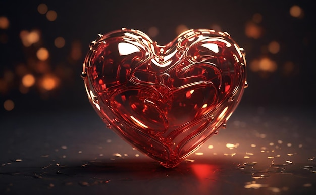 Corazón rojo translúcido que simboliza el amor y la devoción sobre un fondo oscuro