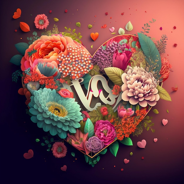 Corazón romántico floral y flores San Valentín amor ilustración sobre fondo oscuro