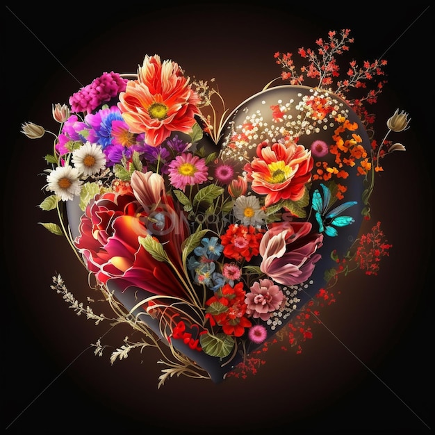 Corazón romántico floral y flores San Valentín amor ilustración sobre fondo oscuro