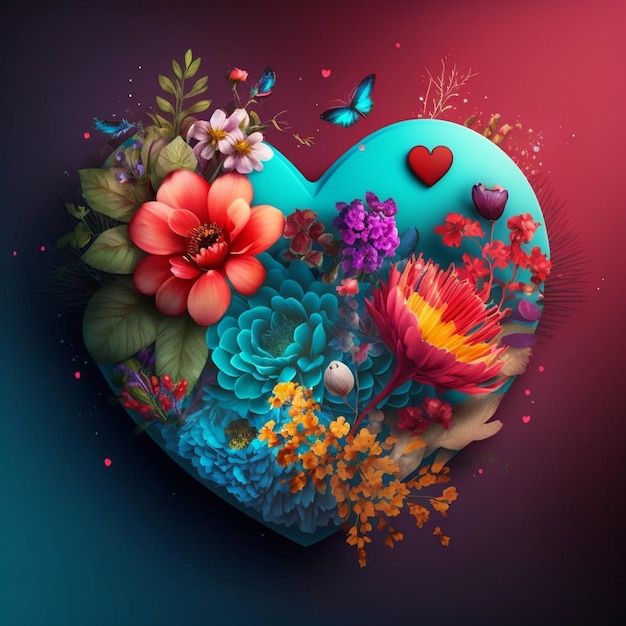 Corazón romántico floral y flores San Valentín amor ilustración sobre fondo oscuro