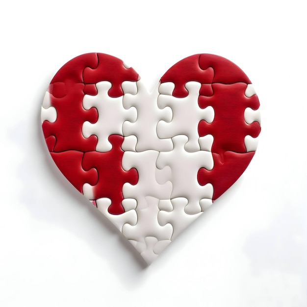 Corazón de rompecabezas blanco y rojo sobre un fondo blanco