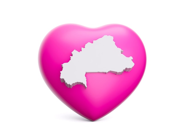 Corazón rosa 3d con mapa blanco 3d de Burkina Faso aislado sobre fondo blanco ilustración 3d