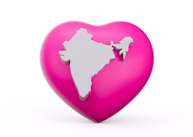 Corazón rosa 3d con mapa blanco 3d de la India aislado sobre fondo blanco ilustración 3d
