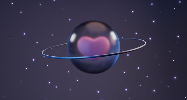 Corazón rosa en burbuja de vidrio contra fondo de cielo estrellado 3d render