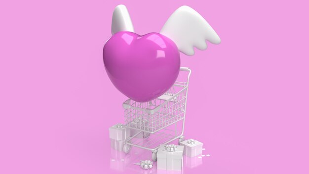 El corazón rosa y el carro de supermercado blanco de ala blanca y la caja de regalo sobre fondo rosa representación 3d