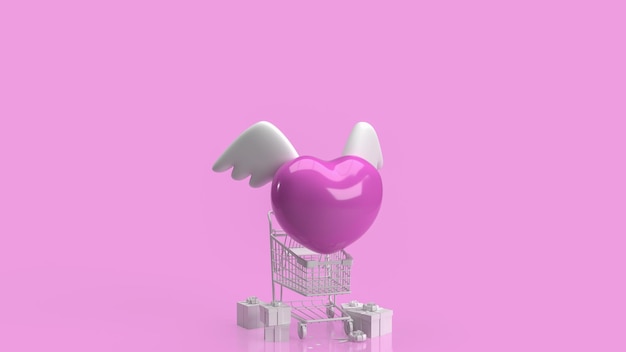 El corazón rosa y el carro de supermercado blanco de ala blanca y la caja de regalo sobre fondo rosa representación 3d