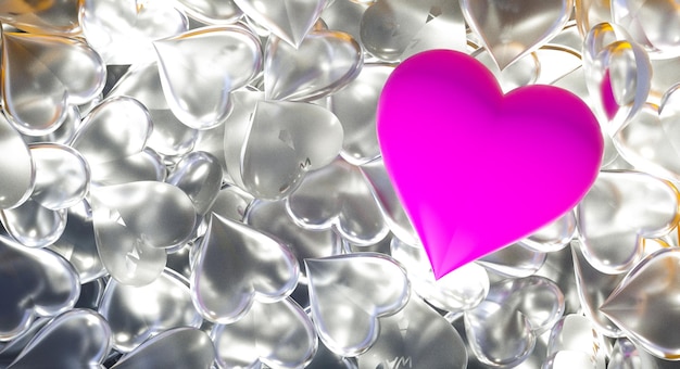 Un corazón rosa está rodeado de corazones plateados.