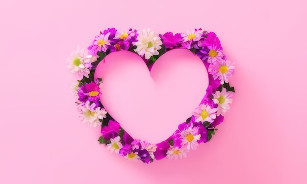 Foto corazón rosa con flores rosas sobre fondo rosa