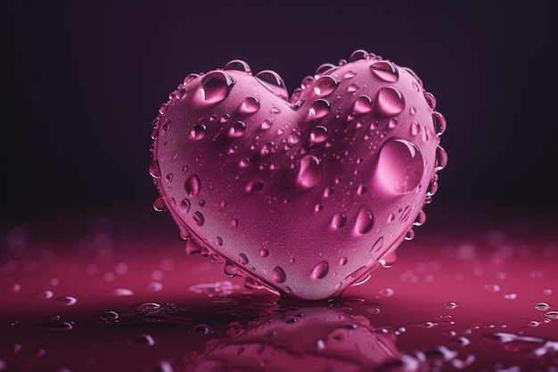 Un corazón rosa con gotitas de agua