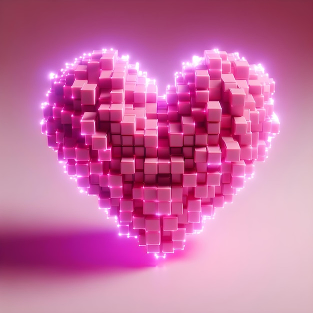 Foto corazón rosa hecho en forma de pequeños cubos en 3d