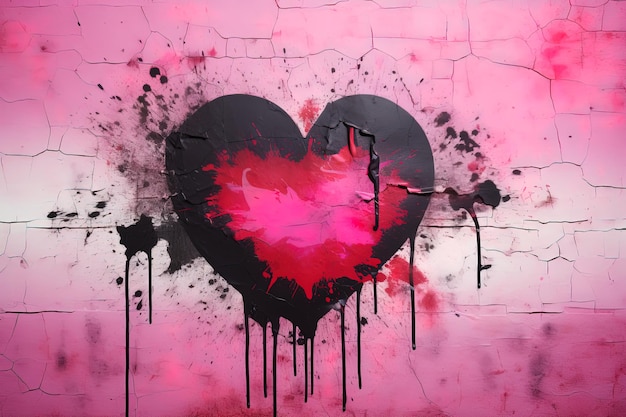 corazón rosa pintado con pintura en aerosol en una pared agrietada