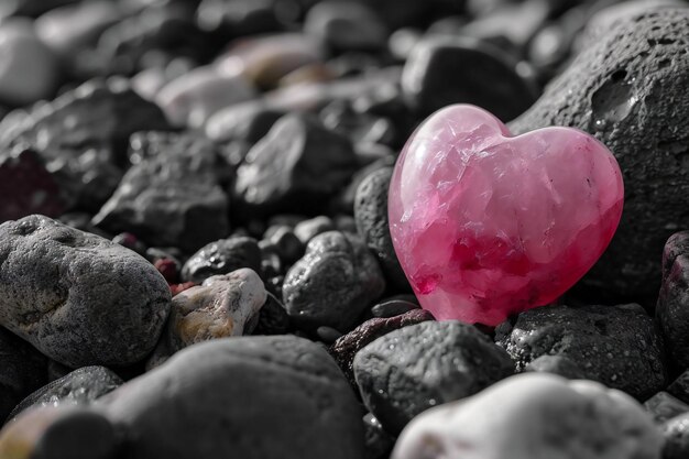 Foto corazón rosa en una playa de guijarros concepto de día de san valentín